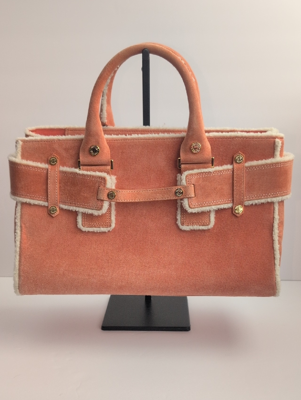 Samantha Thavasa Peach Suede Shearling Trim Handbag